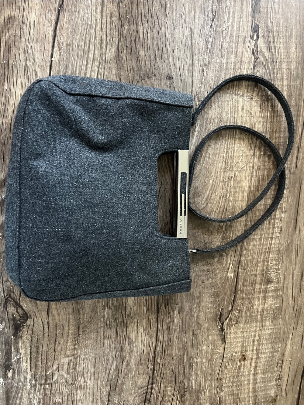 VNTG 90s GUESS Charcoal Gray Wool Felt Tote Bag Cutout Metal Handle Y2K